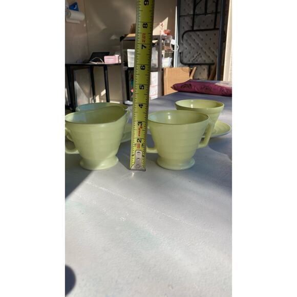 Hazel Atlas mid century Modern stone 4 cups/sausers a Sugar Bowl and Creamer - Picture 4 of 12